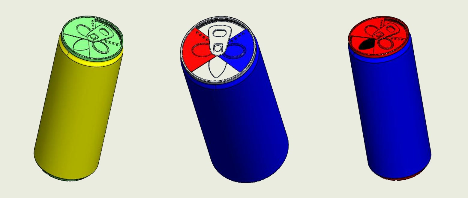Three cans from the FlipSeal production CAD, each with the end in a different colourway: green on yellow, red-white-blue on navy, and red on blue.